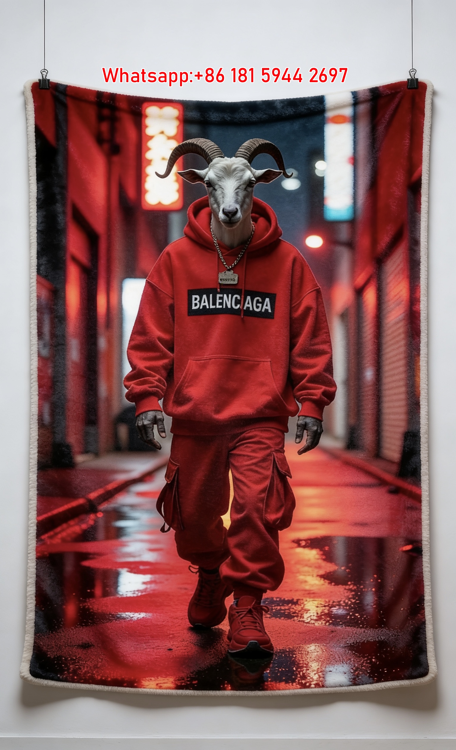 Balenciaga Goat Head Red Street Style Flannel Sofa Throw Blanket BA215